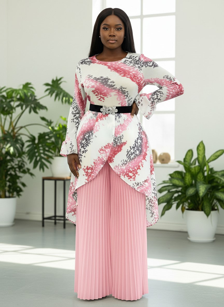 Printed Tunic Top with Pleated Wide-Leg Pants