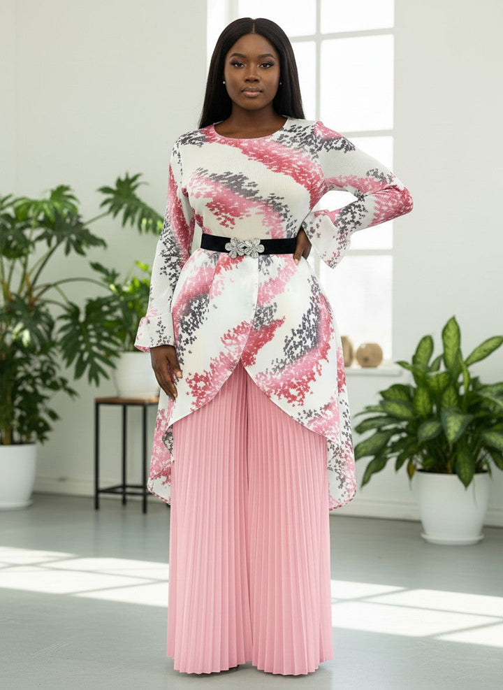 Printed Tunic Top with Pleated Wide-Leg Pants