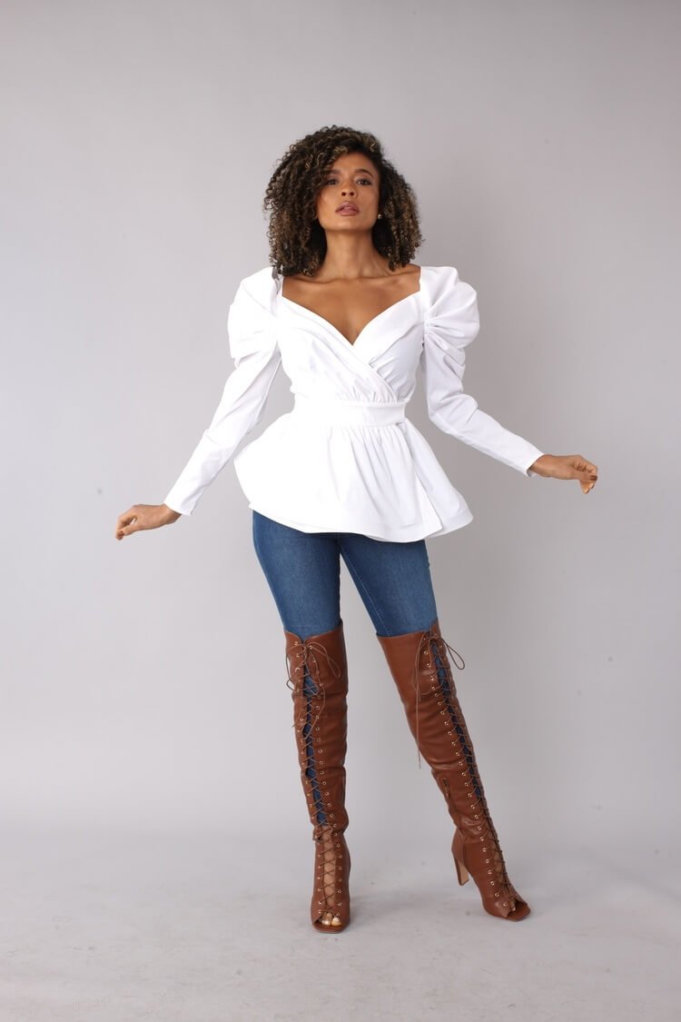 Puff Sleeve Wrap Peplum Top – Style 82028 - Especially Yours