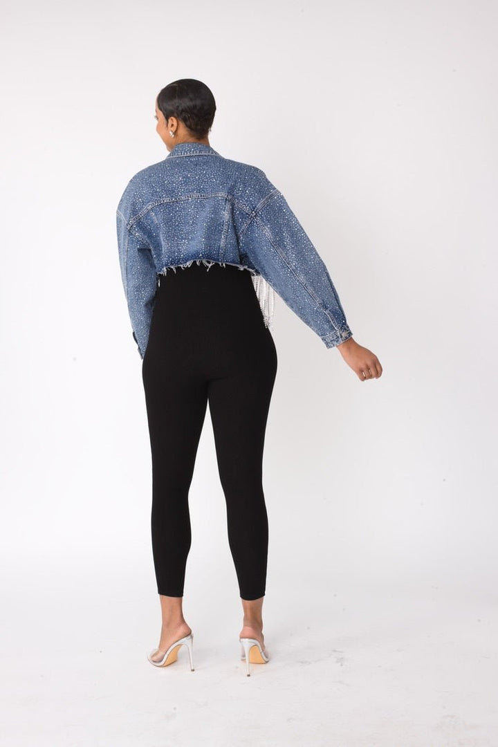 Rhinestone & Chain Fringe Cropped Denim Jacket - 82386 - Especially Yours