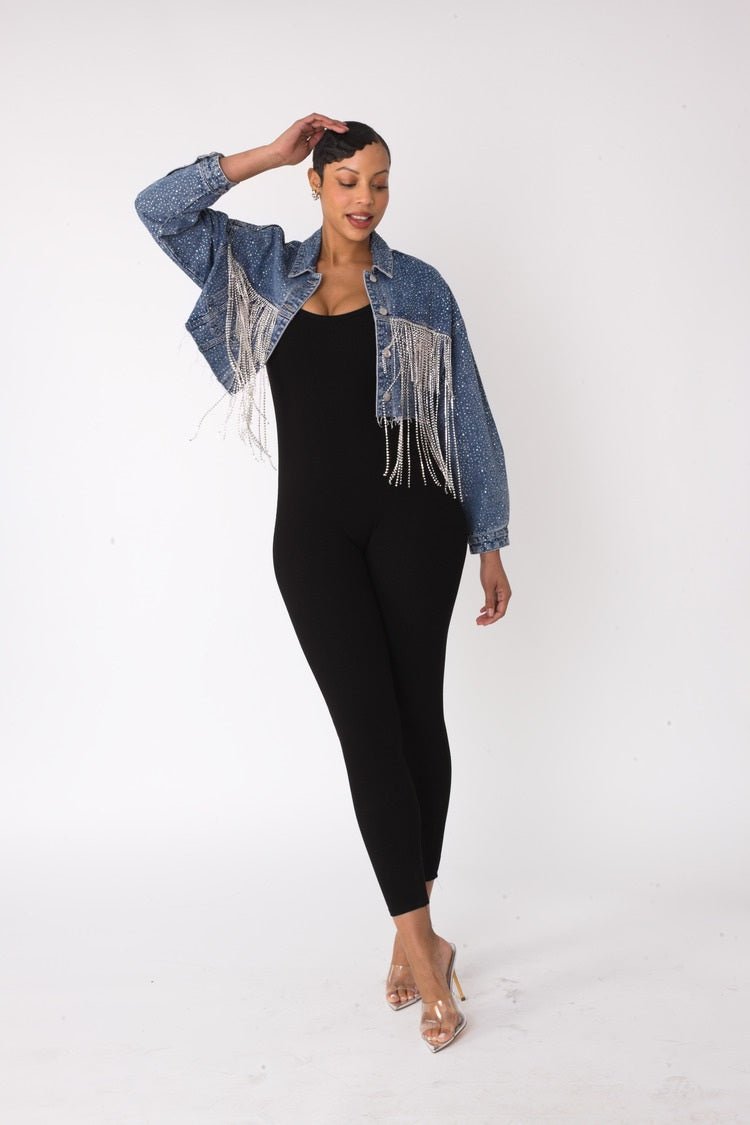 Rhinestone & Chain Fringe Cropped Denim Jacket - 82386 - Especially Yours