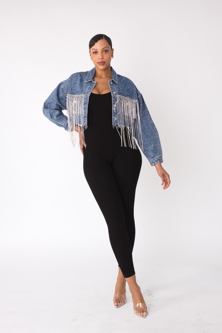 Rhinestone & Chain Fringe Cropped Denim Jacket - 82386 - Especially Yours