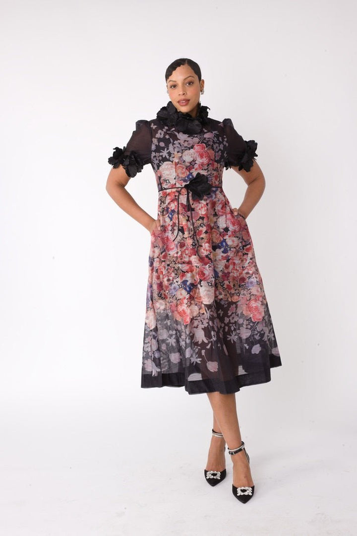 Romantic Floral Midi Dress with Organza Details - 82486 - Especially Yours