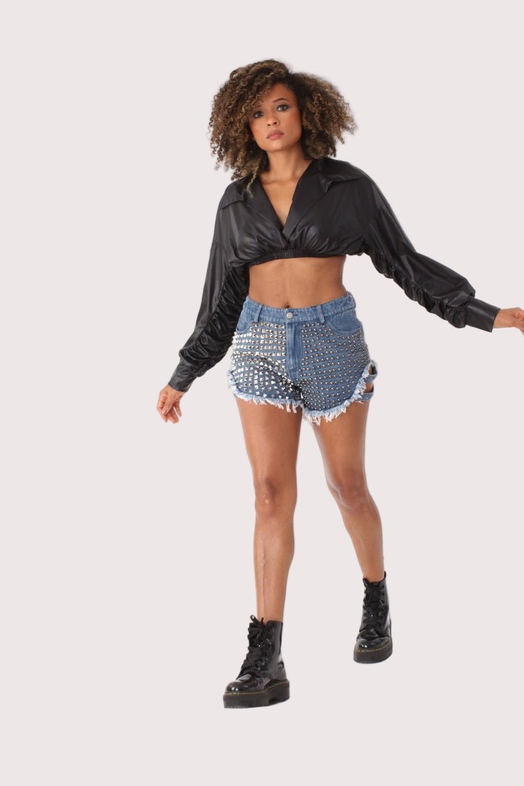 Studded Denim Shorts with Pearl Embellishments - 81850 - Especially Yours