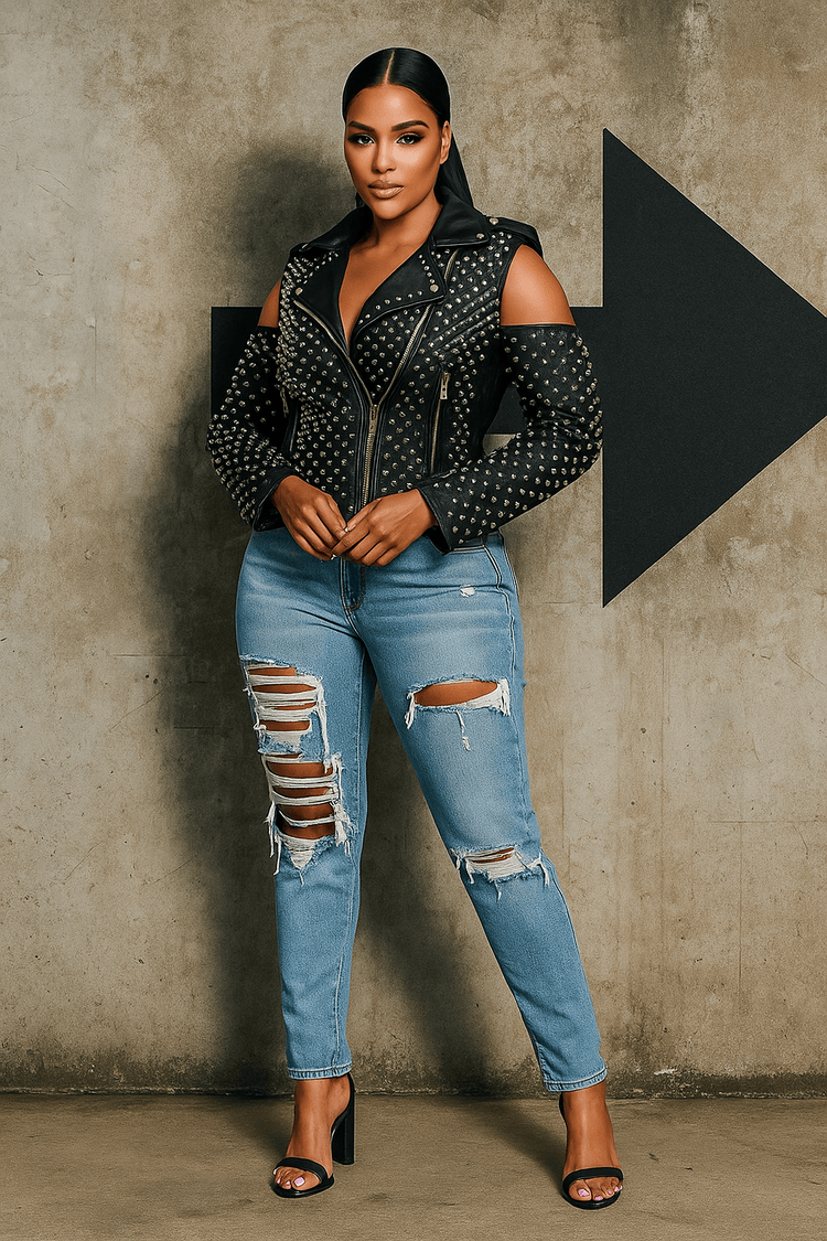 Studded Pleather Moto Jacket with Open Shoulders - 81936 - Especially Yours