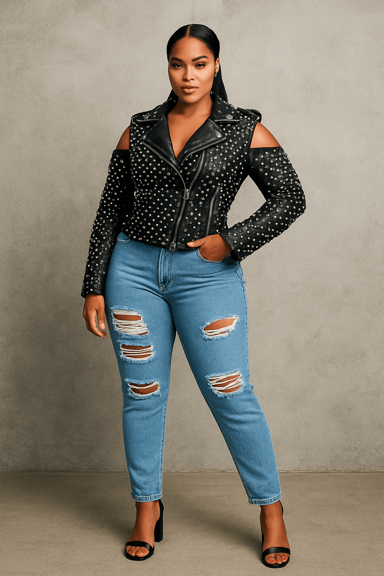 Studded Pleather Moto Jacket with Open Shoulders - 81936 - Especially Yours