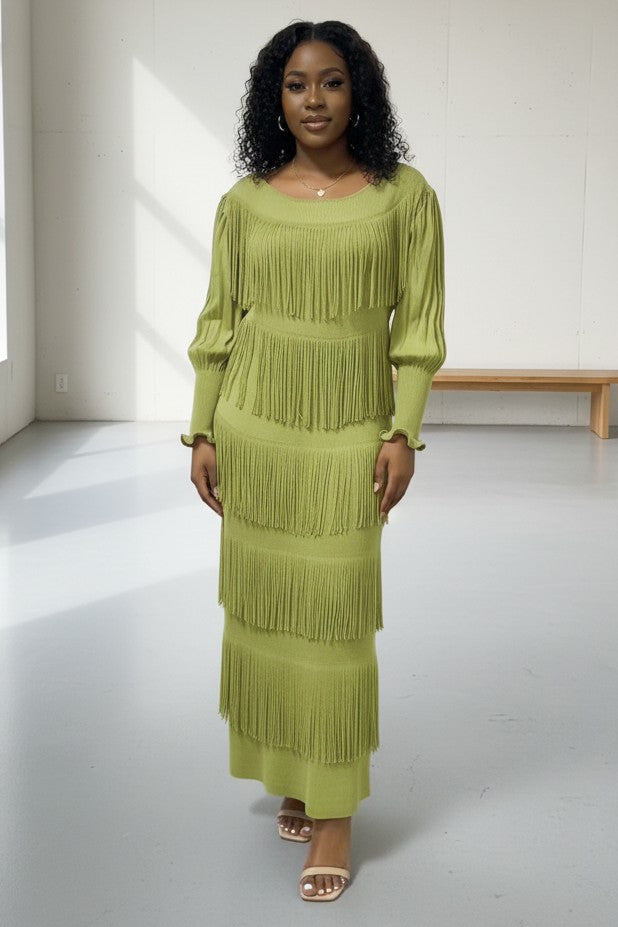 Tiered Fringe Knit Midi Dress - 83000