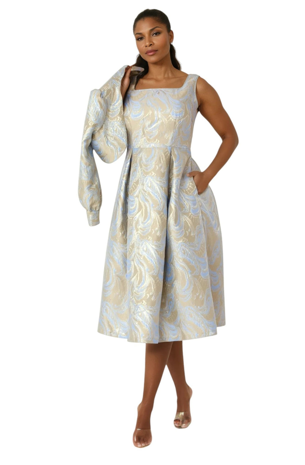 Two - Piece Metallic Swirl Brocade Dress with Balloon Sleeve Jacket - 4889 - Especially Yours