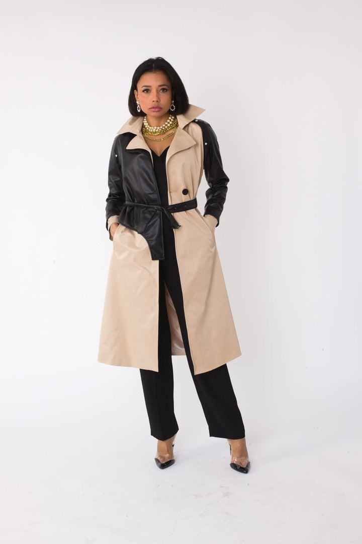 Two - Tone Leather Sleeve Trench Coat - 82525 - Especially Yours