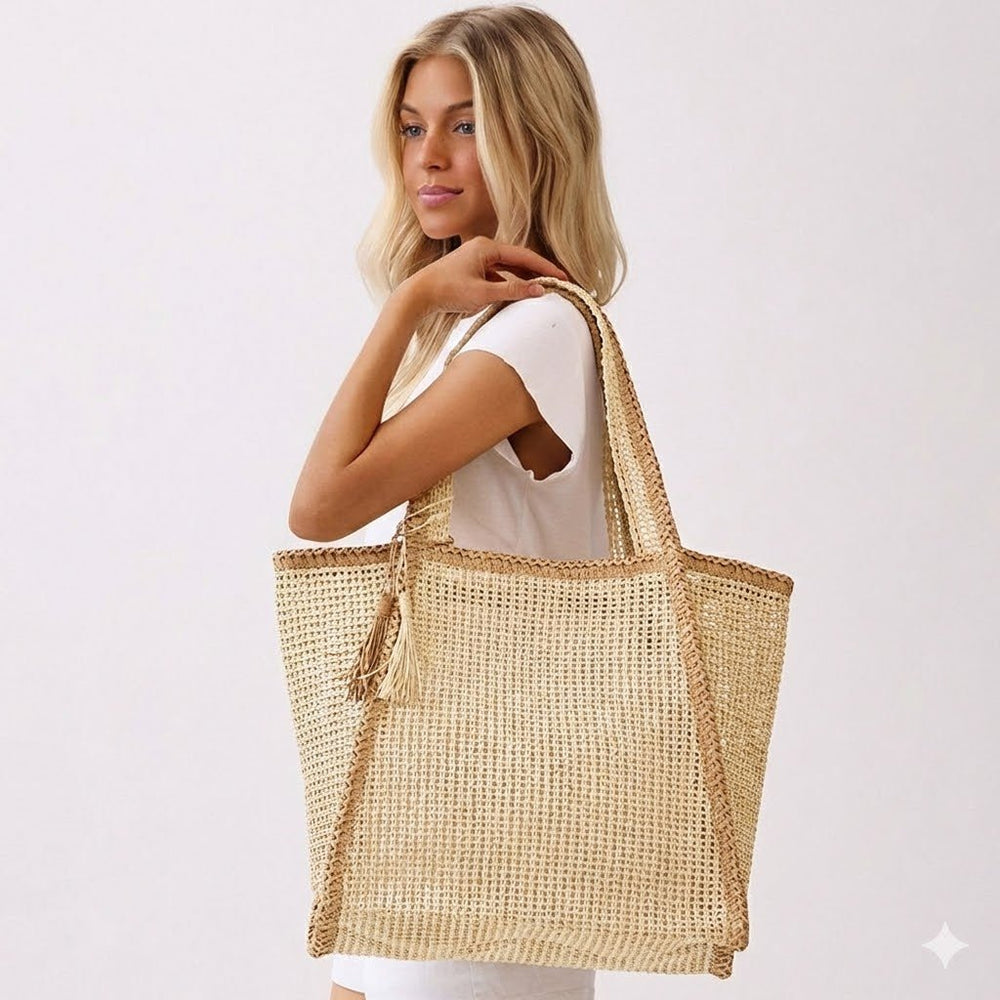 Tassel Accent Two Tone Woven Straw Tote Bag - Especially Yours