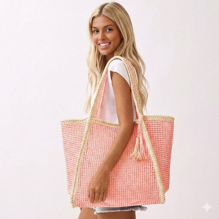 Tassel Accent Two Tone Woven Straw Tote Bag - Especially Yours