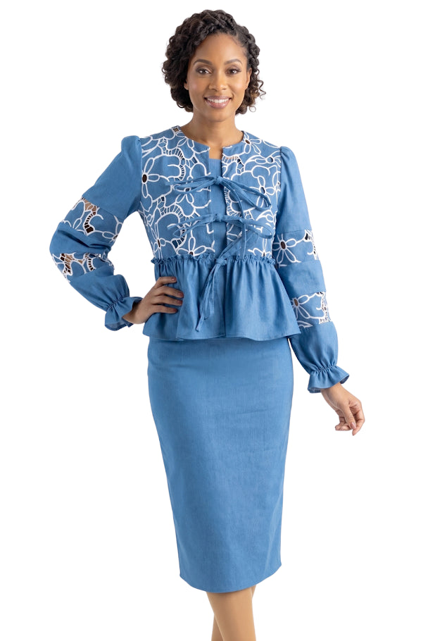 Embroidered Denim Skirt Suit by Especially Yours