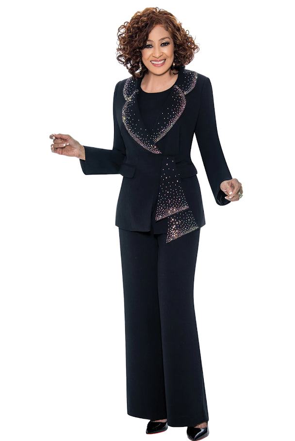 Crepe Pantsuit Rhinestone Trim Rounded Collar Jacket by Dorinda Clark Cole