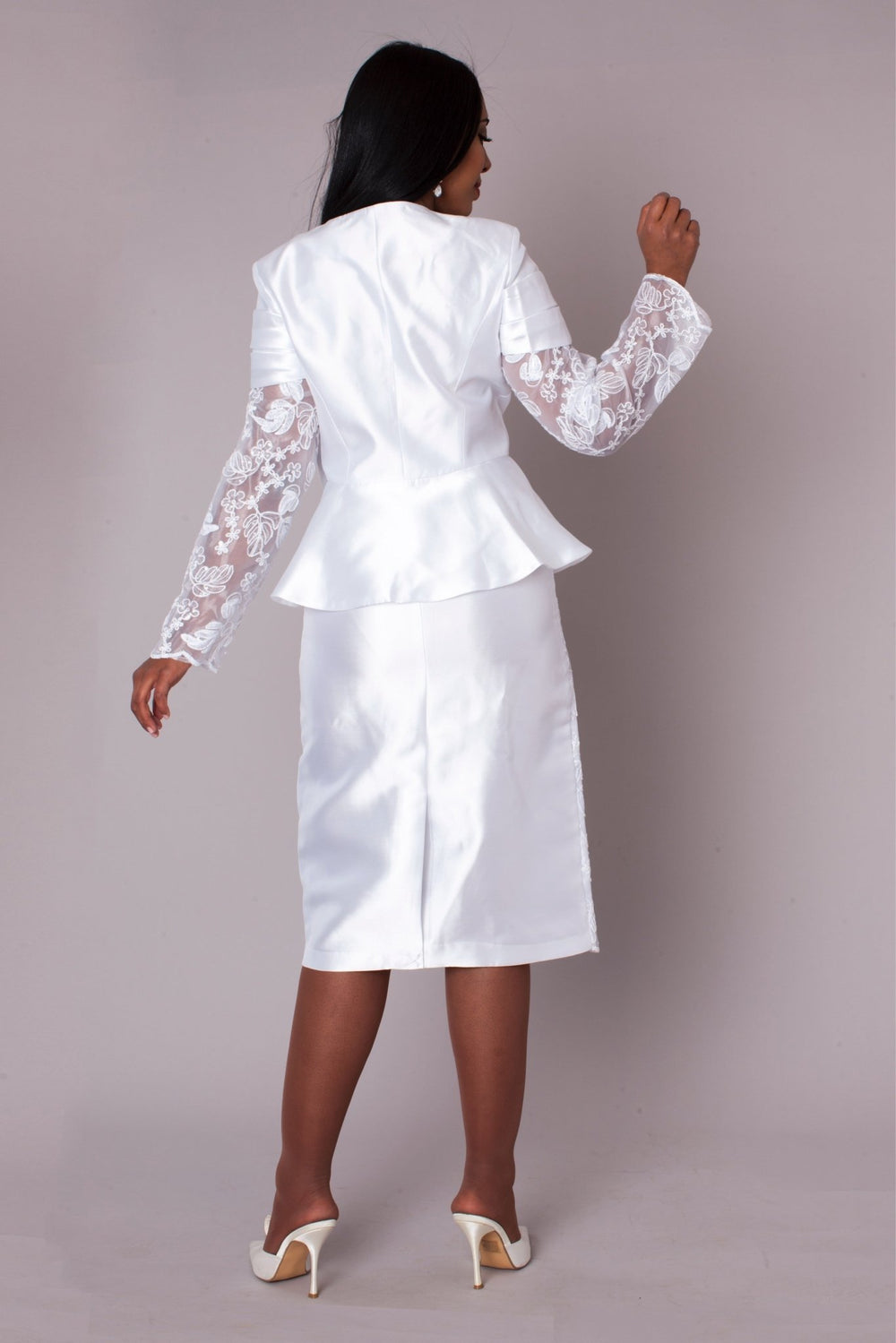 white church dress White Peplum Church Dress with Lace - 4885