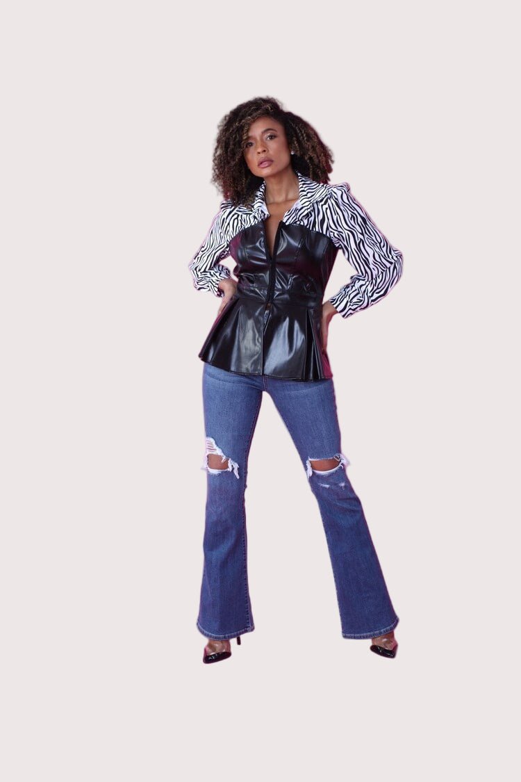 Zebra Print and Leather Peplum Top - 82033 - Especially Yours